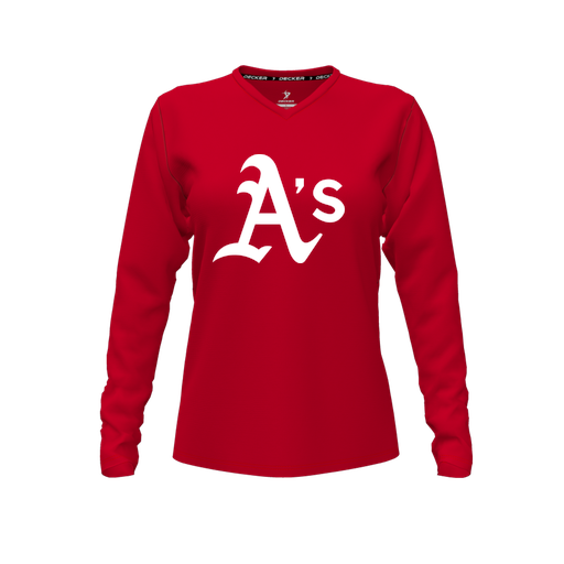 [CUS-DFW-TEES-CMF-VNK-LSL-RED-FYXS-LOGO3] Decker Comfort T-Shirt (Female Youth XS, Red, V Neck, Logo 3, Long Sleeve)