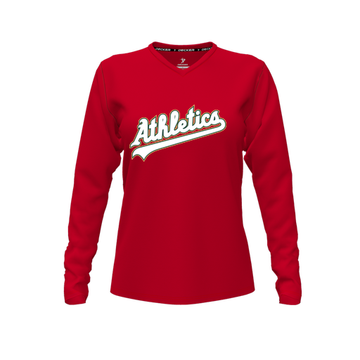 [CUS-DFW-TEES-PER-VNK-LSL-RED-FYXS-LOGO2] Performance T-Shirt (Female Youth XS, Red, V Neck, Logo 2, Long Sleeve)